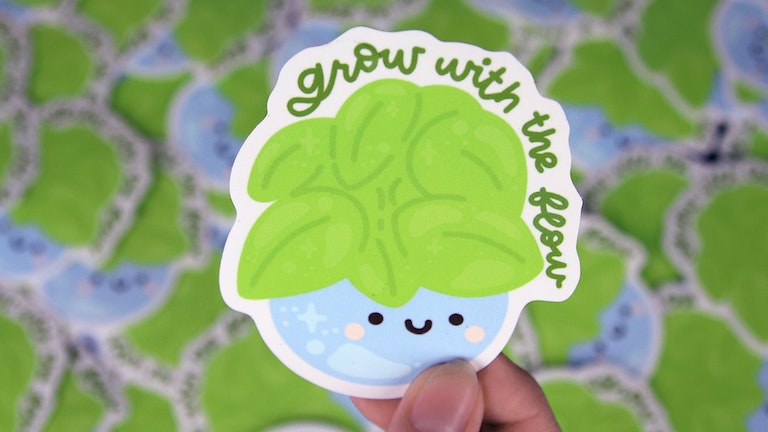 Close up of an eco friendly sticker with a cute lettuce design