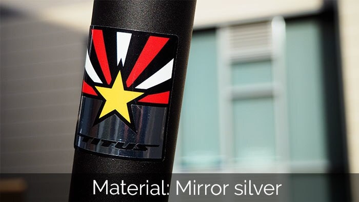 Rounded corner bicycle sticker printed onto mirror silver and applied to a bike frame