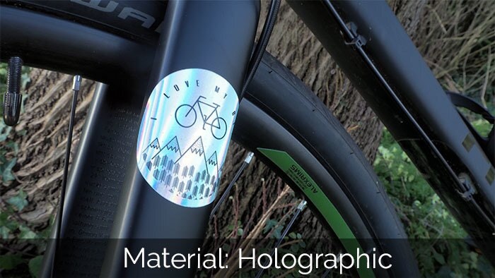 Round bicycle stickers printed onto holographic applied to a bike frame