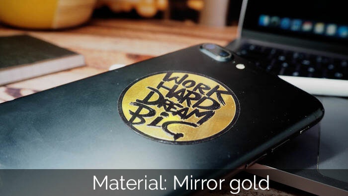 Circle phone sticker printed onto mirror gold applied to a phone