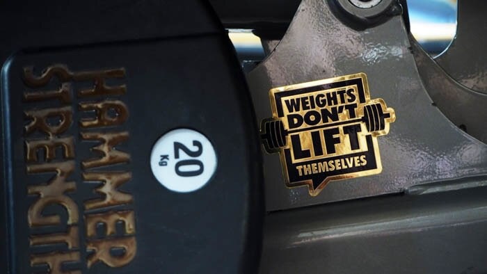Mirror gold die cut stickers applied to weights