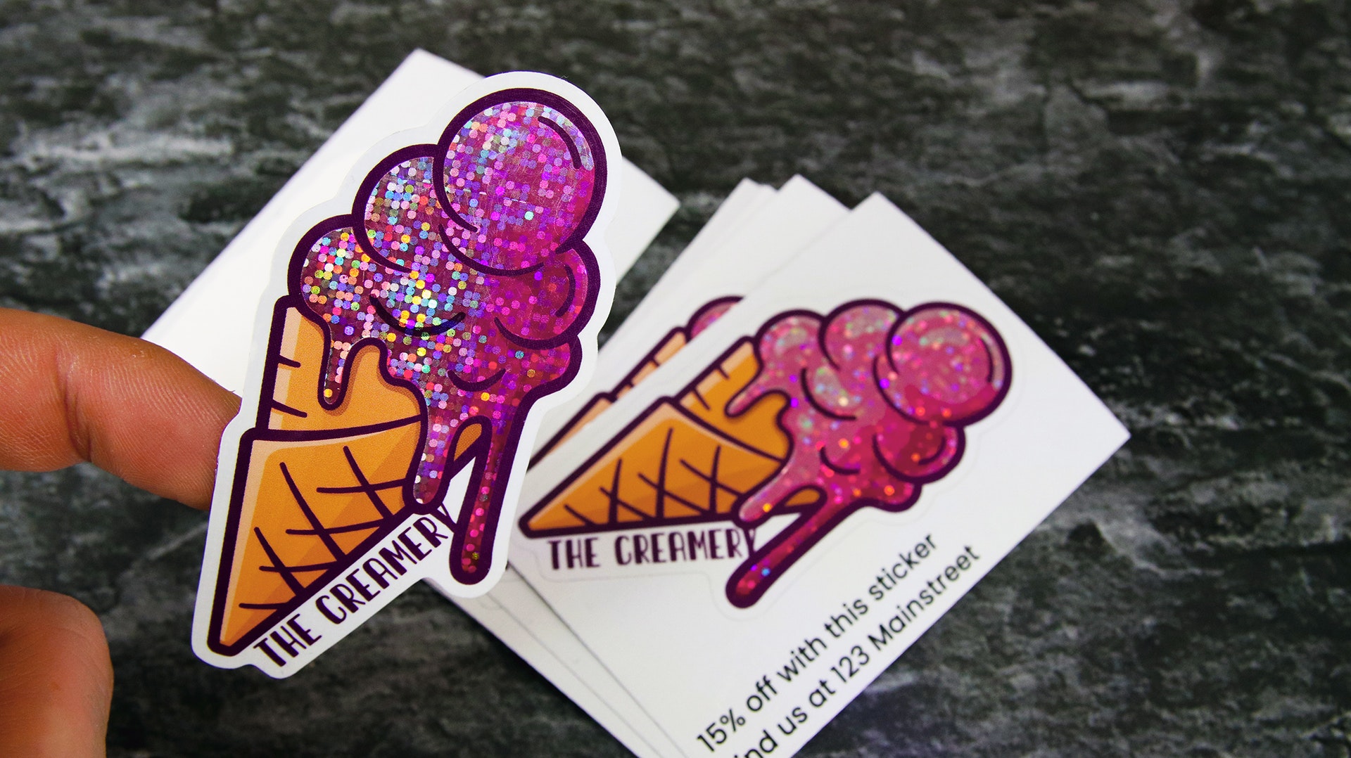 Kiss cut glitter stickers with ice cream logo