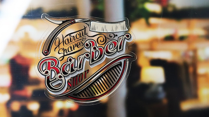 Die cut front adhesive window sticker with barber logo design