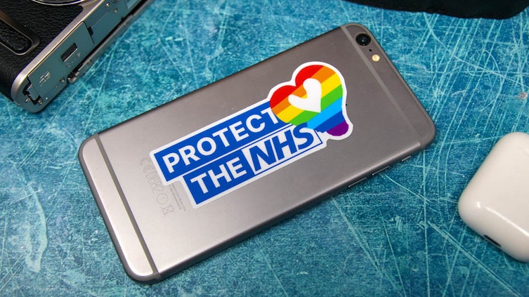 Protect the NHS white die cut stickers on a mobile phone