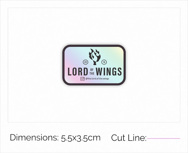 Digital design proof example of a holographic rounded corner sticker with lord of the wings