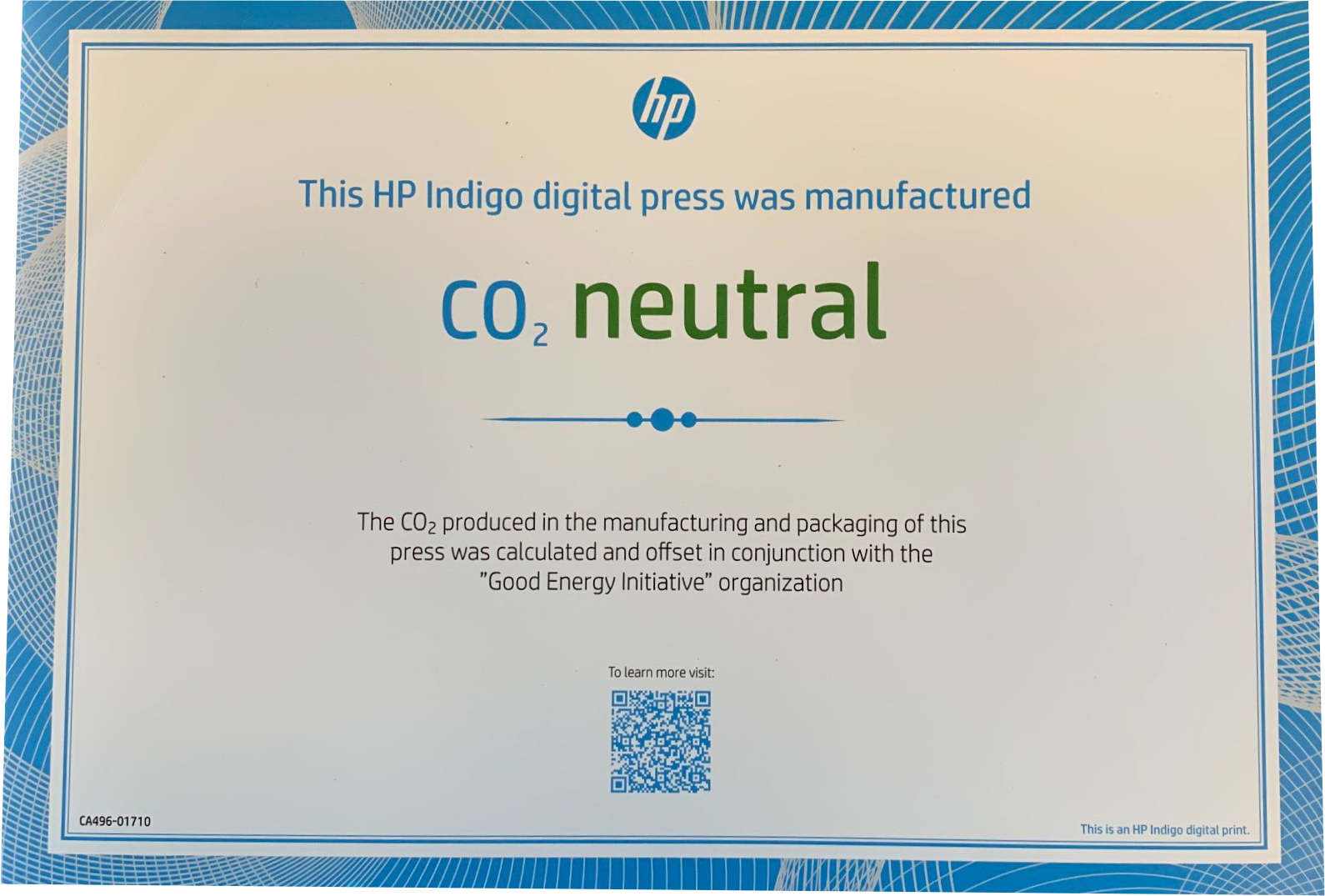 HP Indigo certifacte showing the printer is CO2 neutral