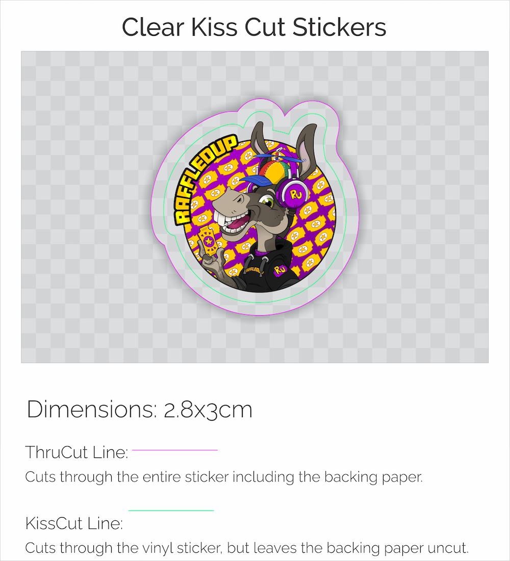 Example of what a clear kiss cut sticker will look like on a design proof showing different cut lines