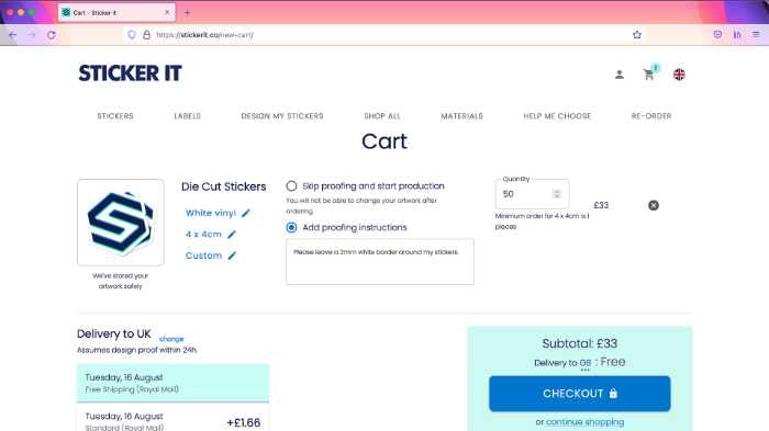 Screenshot of checkout with proofing instructions