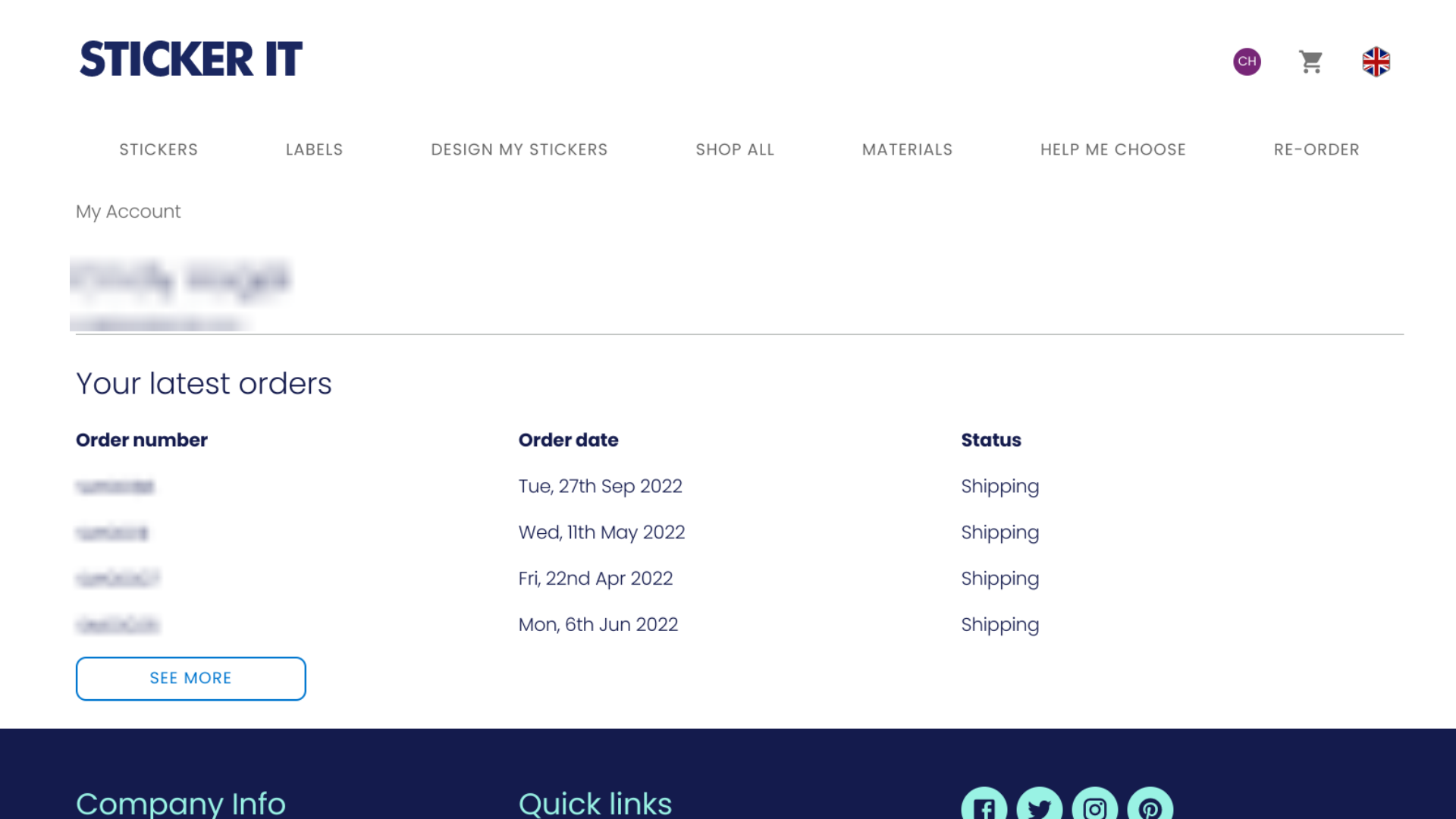Screenshot of the order overview page in the Sticker it account section