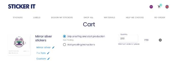Screenshot of the checkout page skipping a design proof