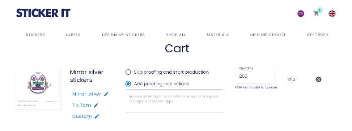Screenshot of checkout page requesting a design proof