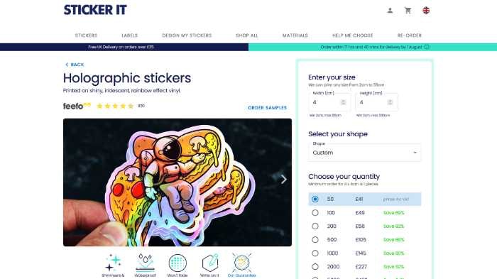 Screenshot of the holographic stickers product page