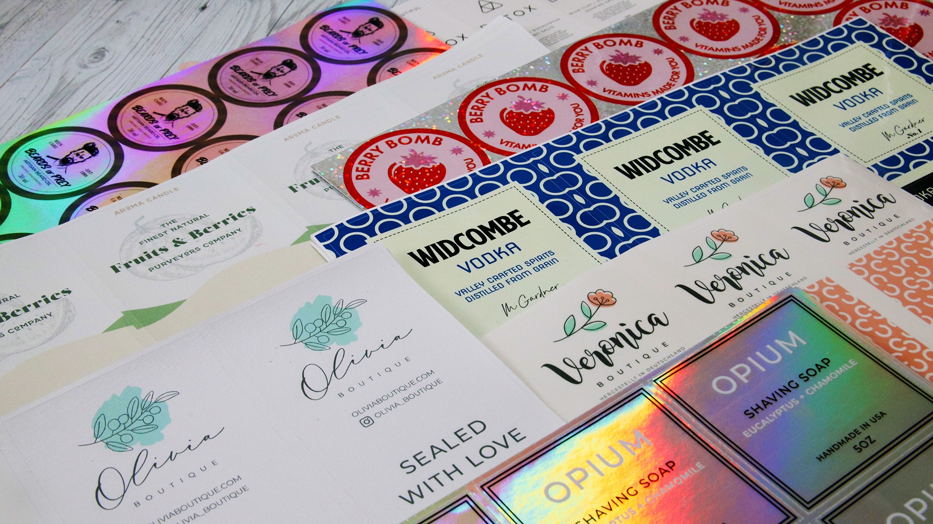 Stacks of sheet labels with different designs