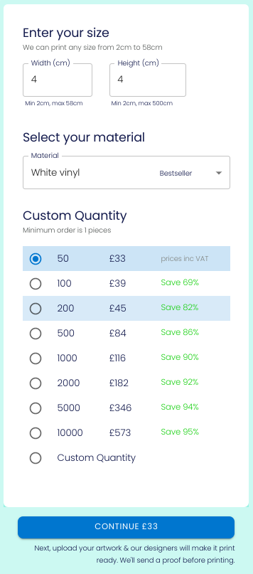 Screenshot of the live pricing calculator
