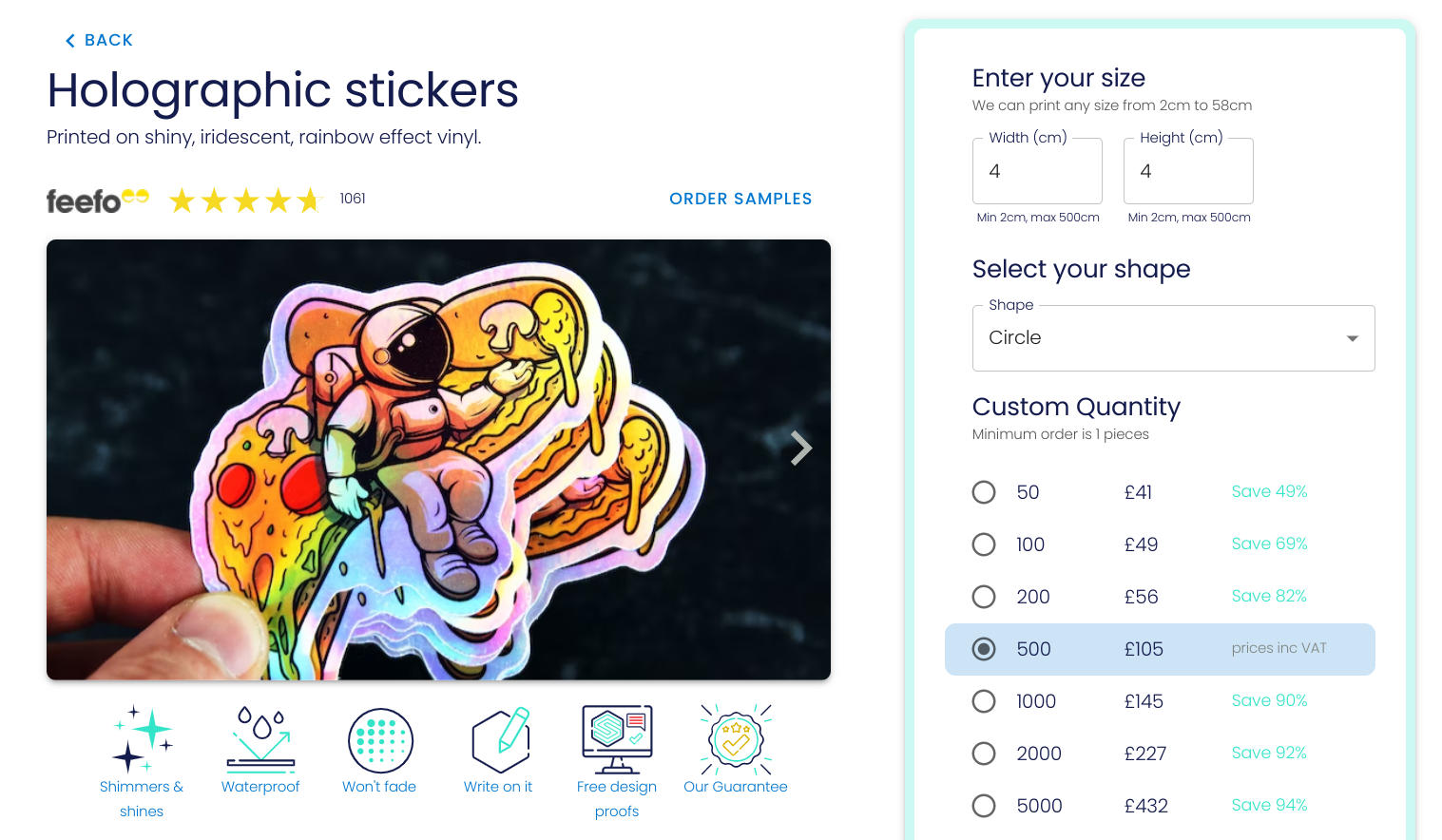 Screenshot of the holographic stickers page to explain the ordering process