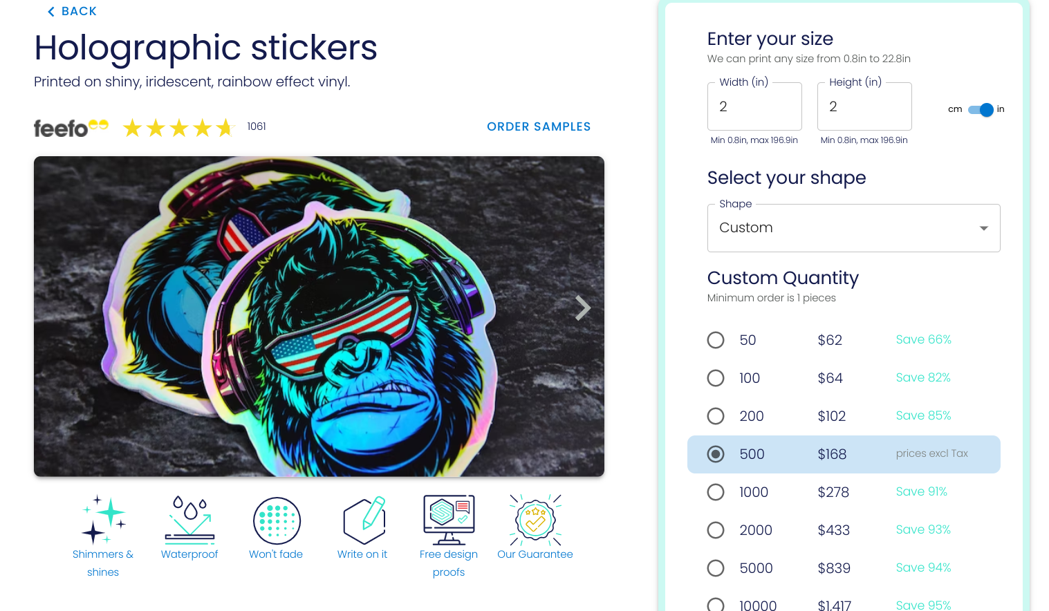 Screenshot of the holographic stickers product page to explain the ordering process