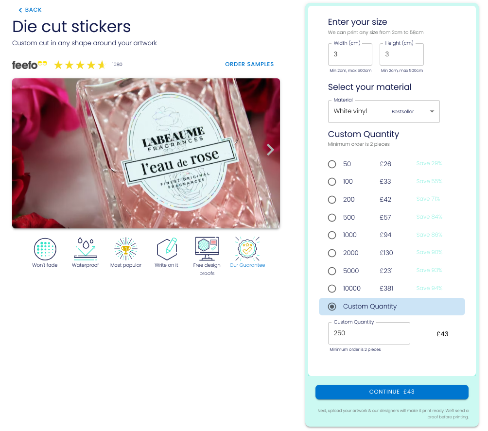 Screenshot of the die cut stickers pricing calculator to show how much 250 die cut stickers cost