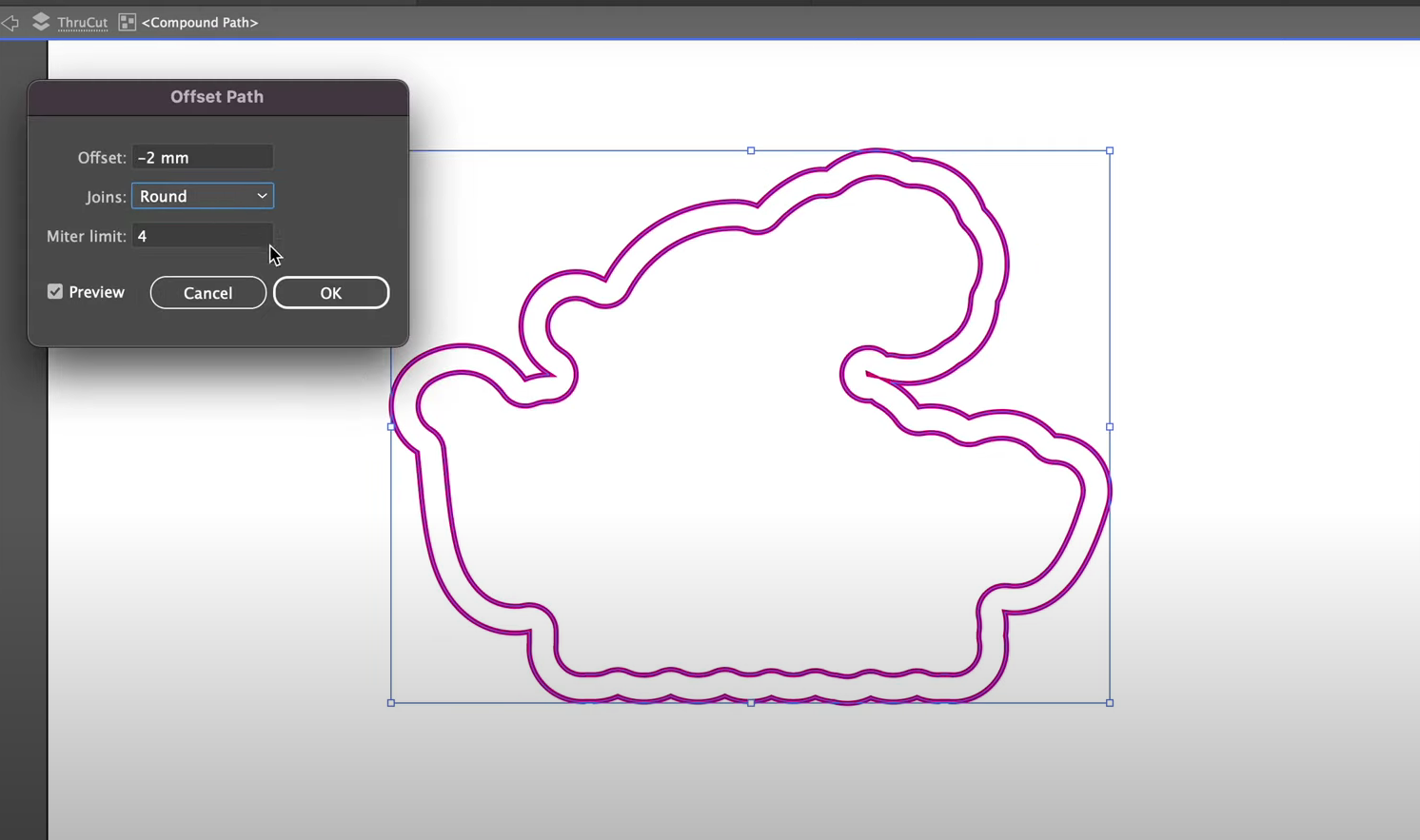 Capture d'écran de la façon d'arrondir les lignes de coupe dans Adobe Illustrator